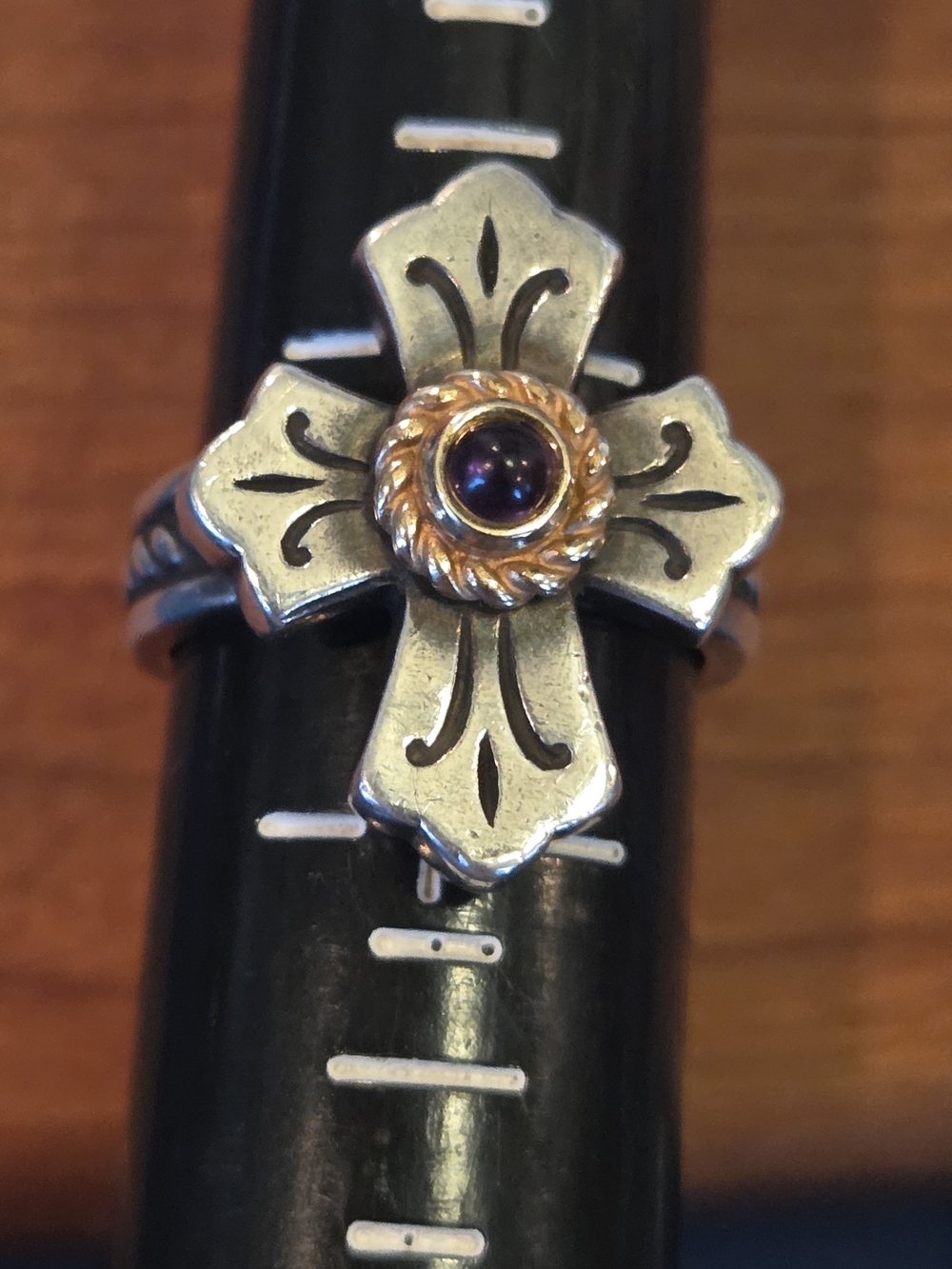 Jamwa Avery Sterling Silver Cross Ring with Purple Stone and Gold Accent, Sz 6.5